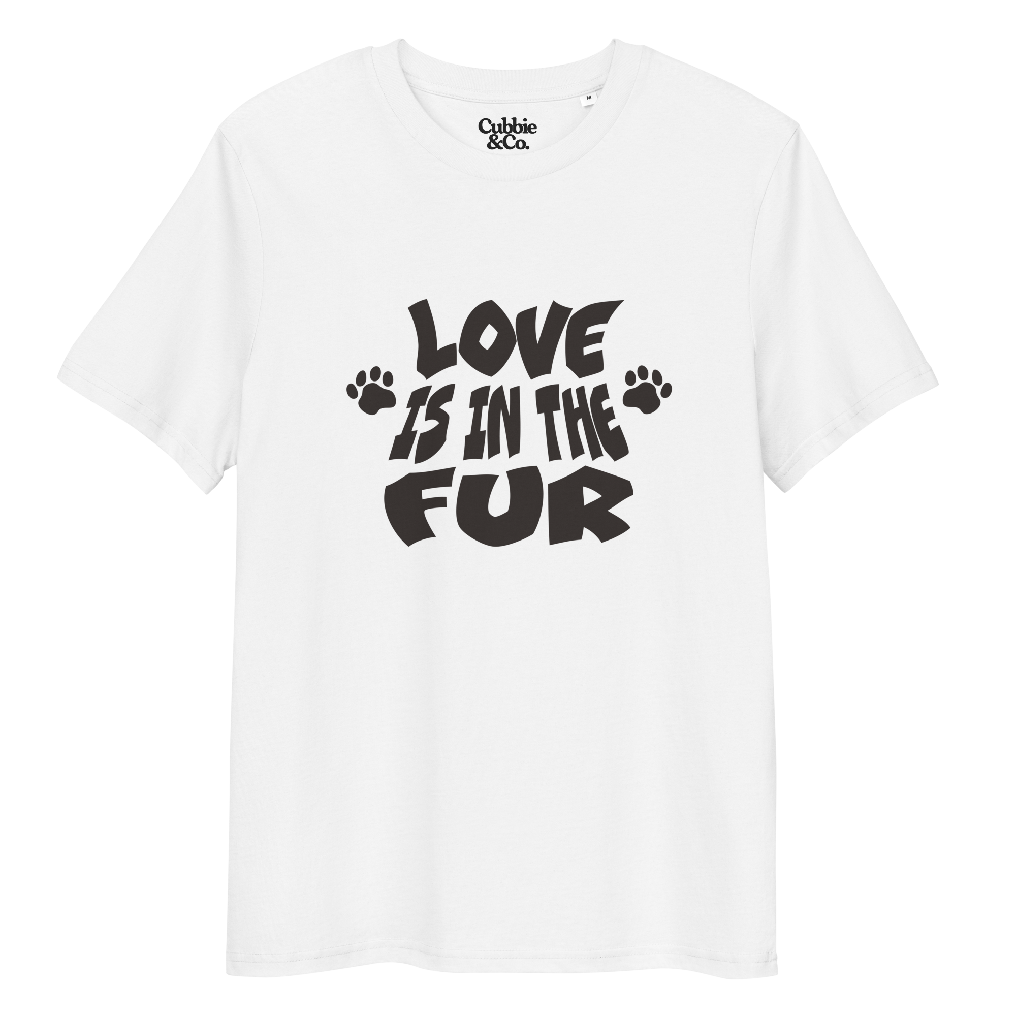 White t-shirt with 'Love is in the fur' wordmark and 'Cubbie & Co' branding