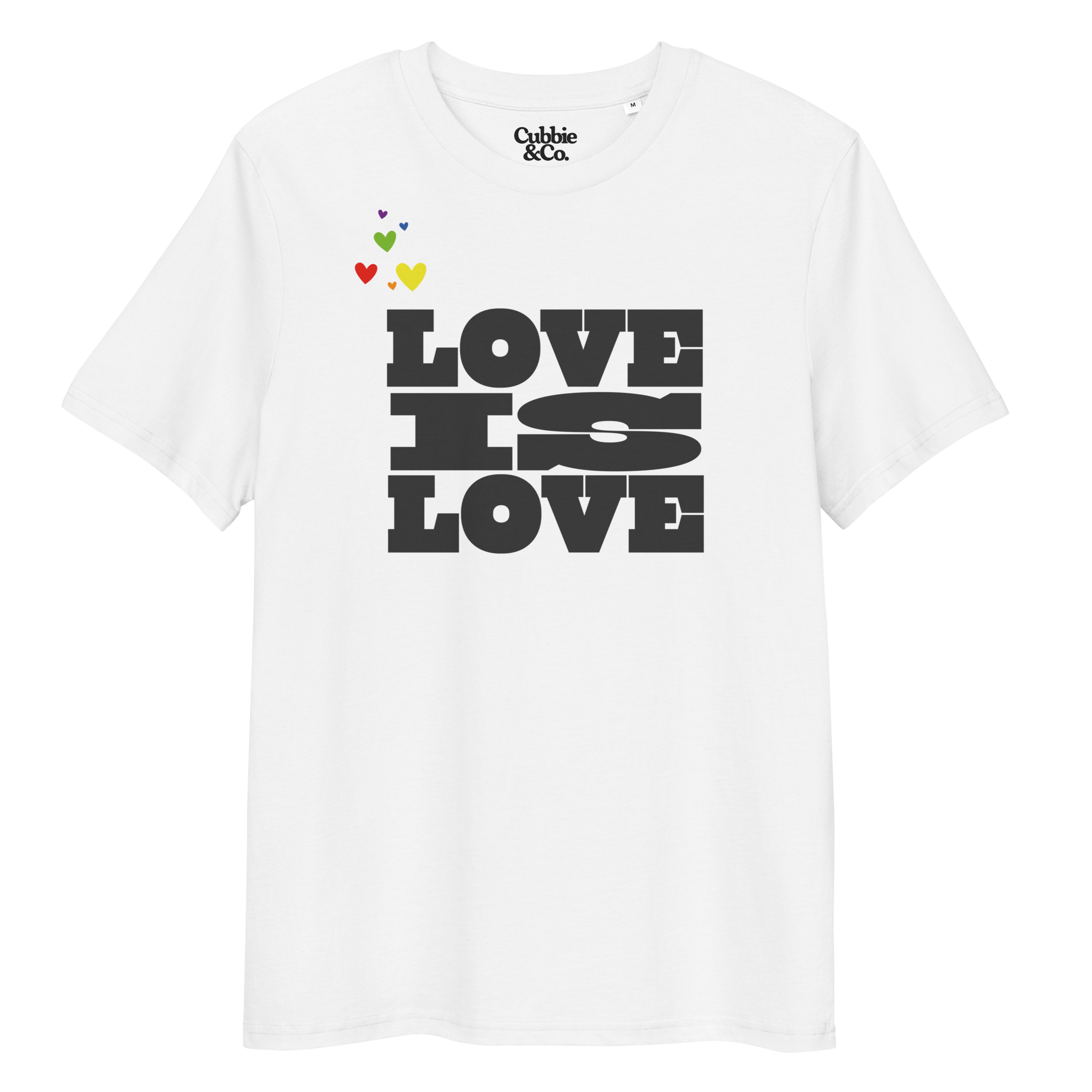 White t-shirt with 'Love is love' text and 'Cubbie & Co' branding