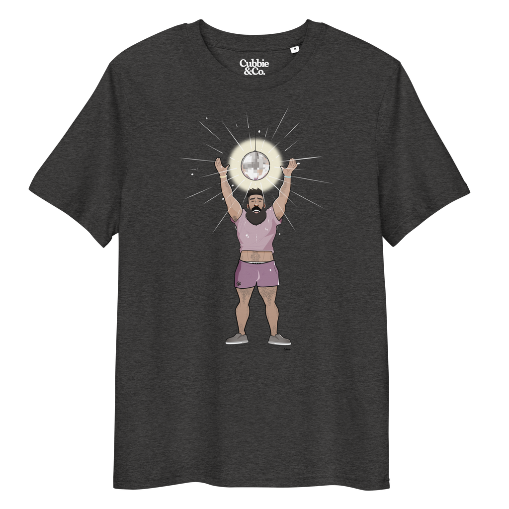 Anthracite t-shirt featuring Luis the Disco Bear with arms raised beneath a disco ball