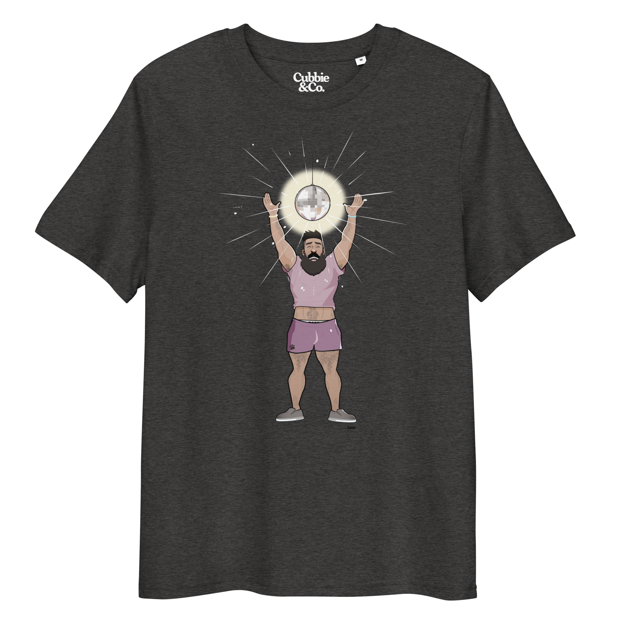Anthracite t-shirt featuring Luis the Disco Bear with arms raised beneath a disco ball