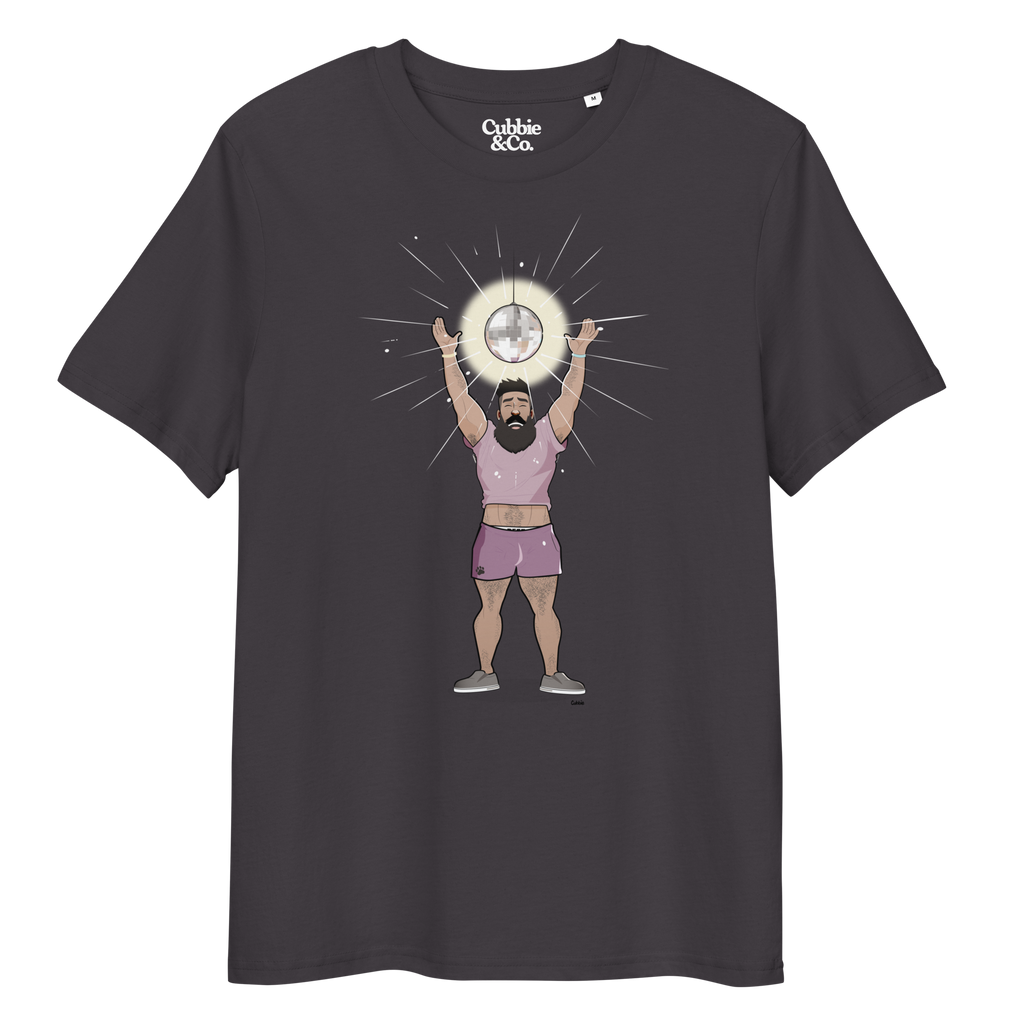 Dark grey t-shirt featuring Luis the Disco Bear with arms raised beneath a disco ball