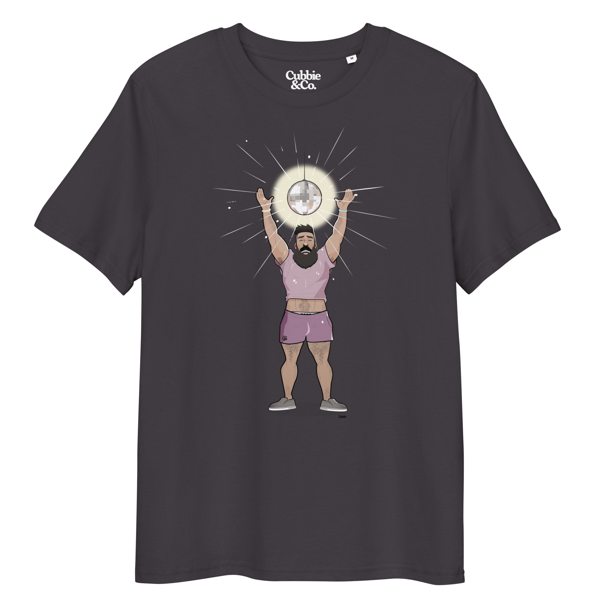 Dark grey t-shirt featuring Luis the Disco Bear with arms raised beneath a disco ball