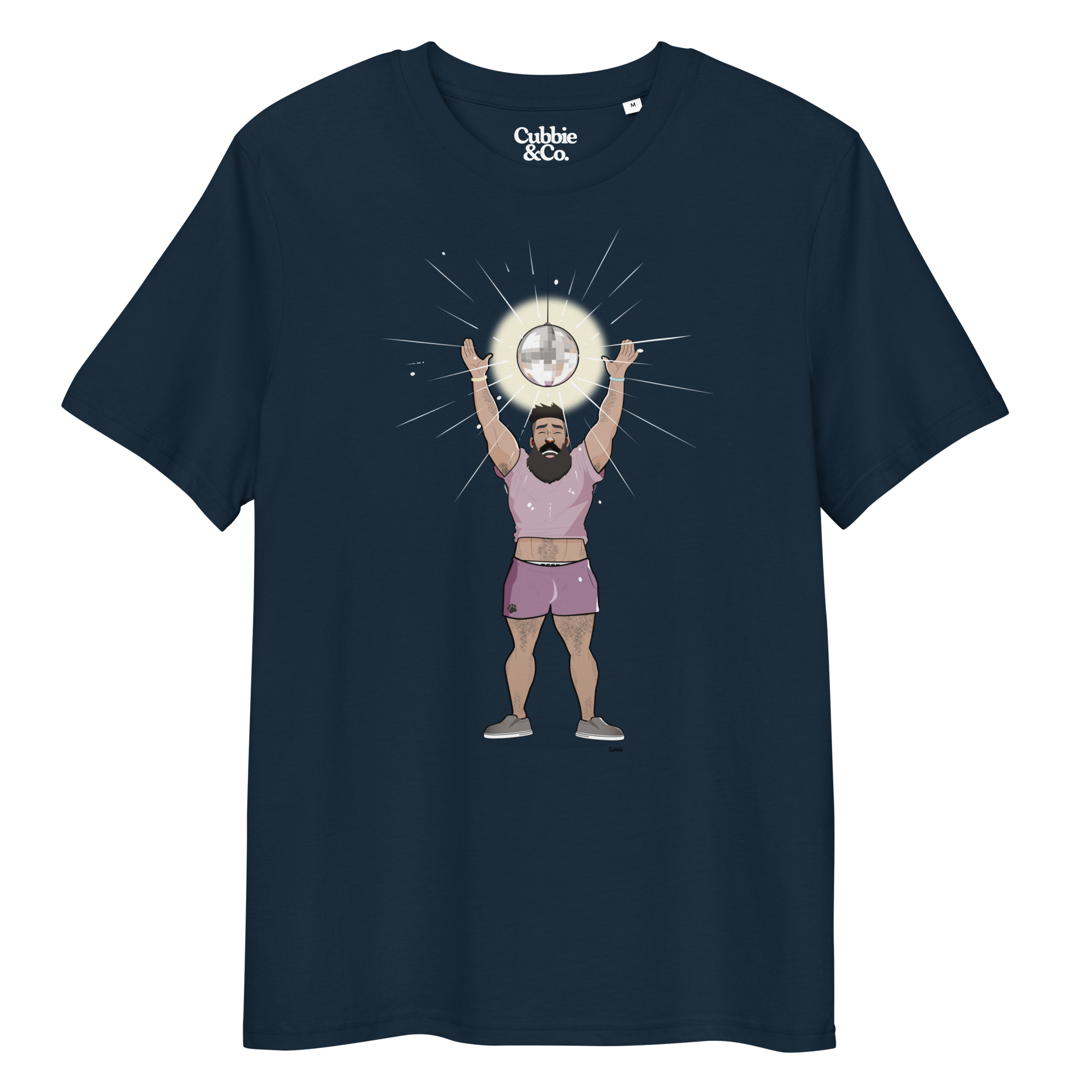 French navy t-shirt featuring Luis the Disco Bear with arms raised beneath a disco ball