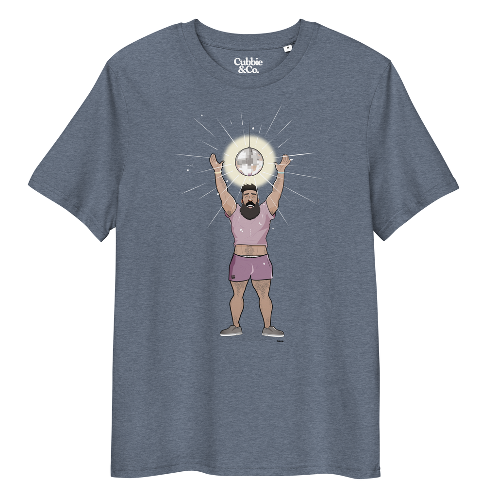 Heather blue t-shirt featuring Luis the Disco Bear with arms raised beneath a disco ball