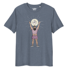 Heather blue t-shirt featuring Luis the Disco Bear with arms raised beneath a disco ball