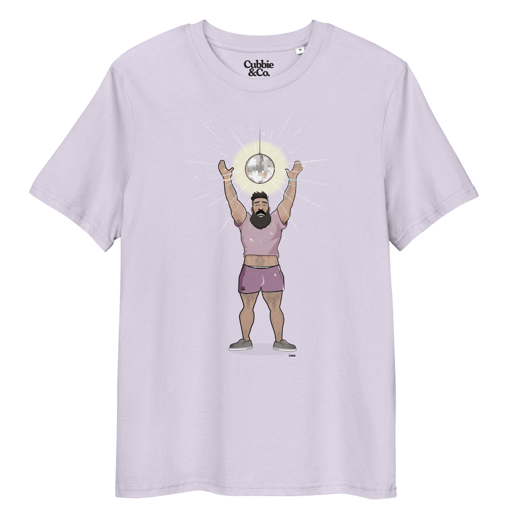 Lavender t-shirt featuring Luis the Disco Bear with arms raised beneath a disco ball
