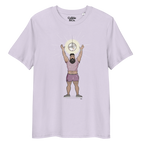 Lavender t-shirt featuring Luis the Disco Bear with arms raised beneath a disco ball