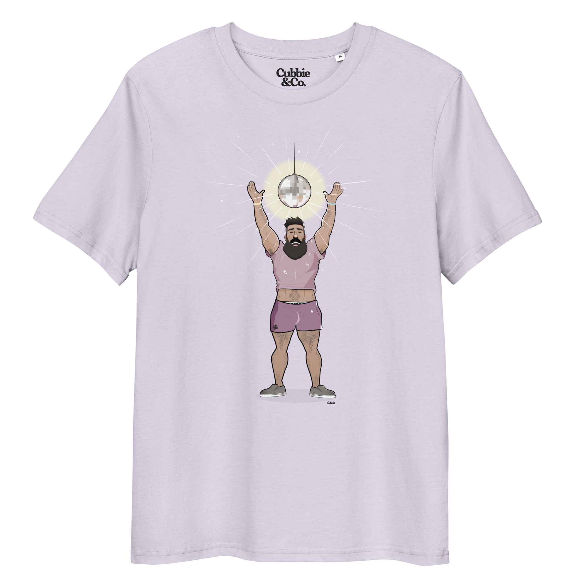 Lavender t-shirt featuring Luis the Disco Bear with arms raised beneath a disco ball