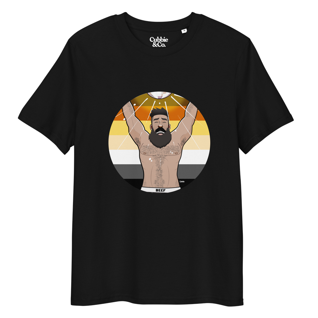 Black t-shirt featuring Luis the Disco Bear posing in front of a Bear Pride Flag with arms raised beneath a disco ball