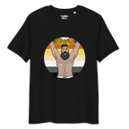 Black t-shirt featuring Luis the Disco Bear posing in front of a Bear Pride Flag with arms raised beneath a disco ball