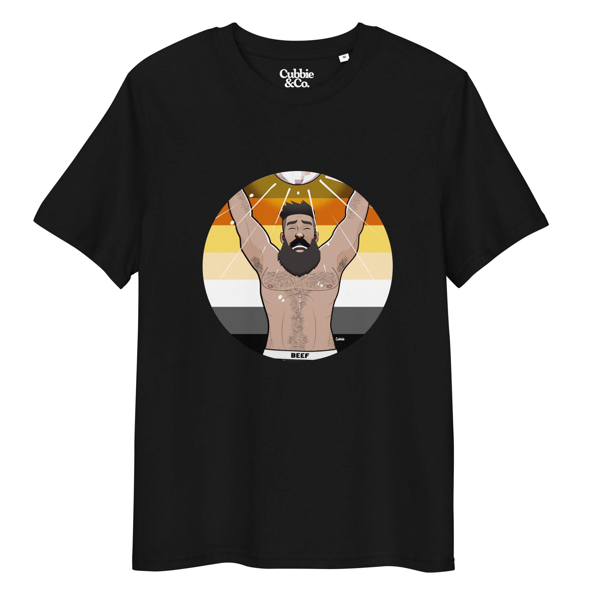 Black t-shirt featuring Luis the Disco Bear posing in front of a Bear Pride Flag with arms raised beneath a disco ball