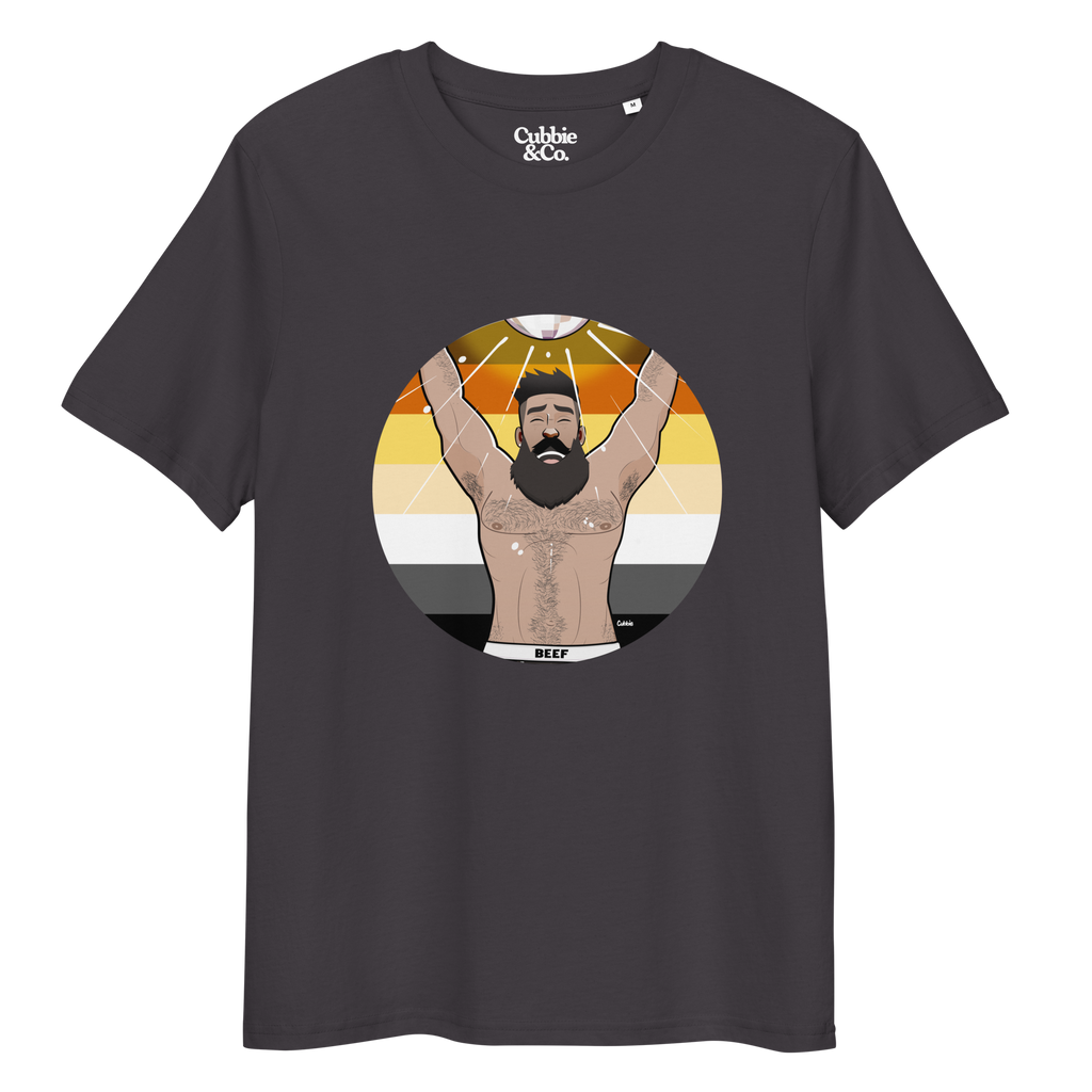 Dark grey t-shirt featuring Luis the Disco Bear posing in front of a Bear Pride Flag with arms raised beneath a disco ball