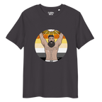 Dark grey t-shirt featuring Luis the Disco Bear posing in front of a Bear Pride Flag with arms raised beneath a disco ball