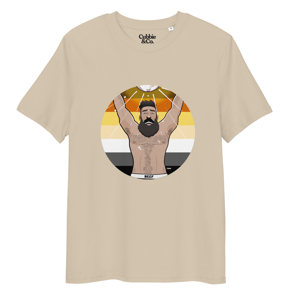 Desert dust t-shirt featuring Luis the Disco Bear posing in front of a Bear Pride Flag with arms raised beneath a disco ball