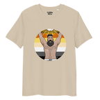 Desert dust t-shirt featuring Luis the Disco Bear posing in front of a Bear Pride Flag with arms raised beneath a disco ball
