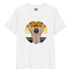 White t-shirt featuring Luis the Disco Bear posing in front of a Bear Pride Flag with arms raised beneath a disco ball
