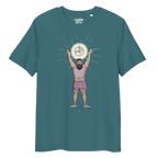 Teal t-shirt featuring Luis the Disco Bear with arms raised beneath a disco ball