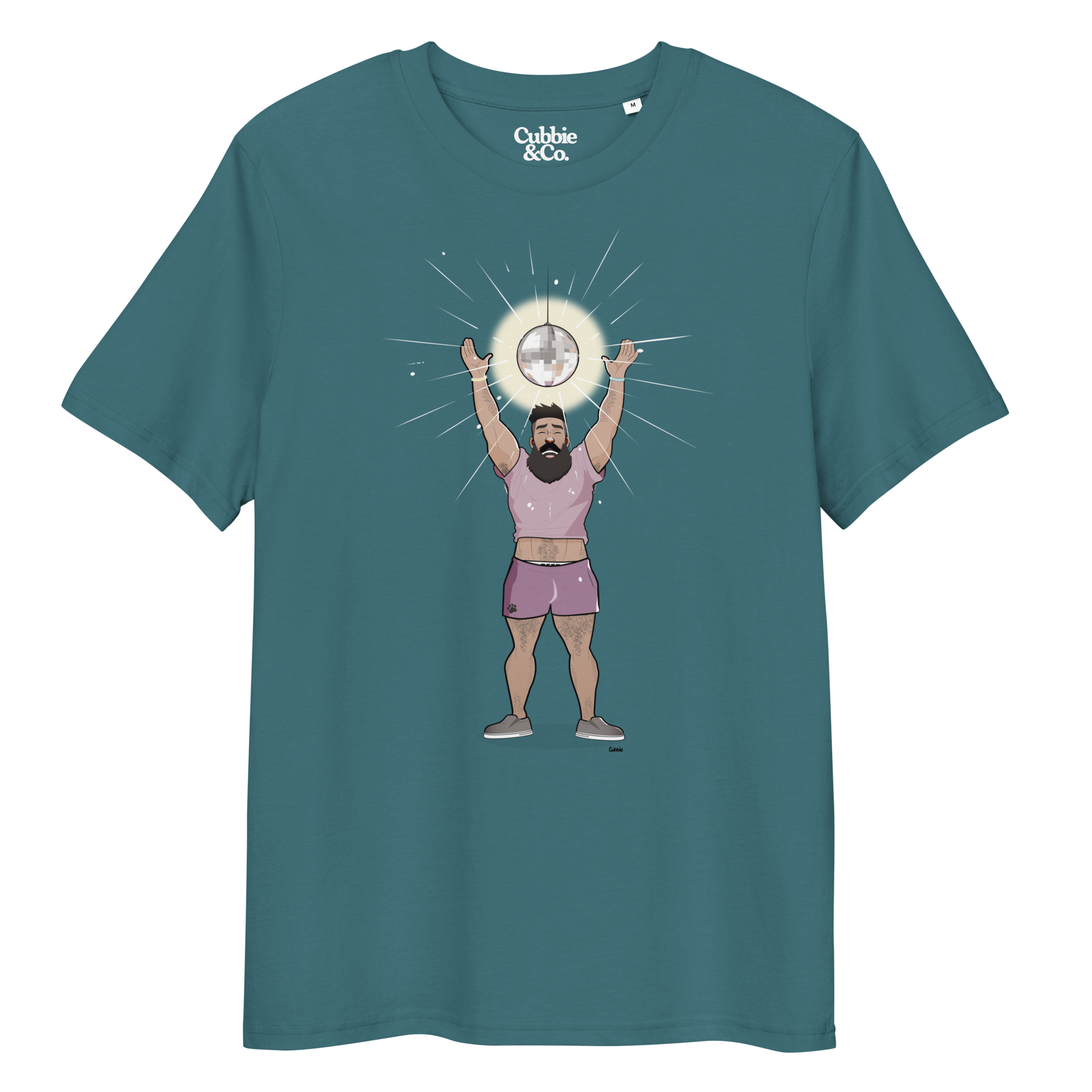Teal t-shirt featuring Luis the Disco Bear with arms raised beneath a disco ball