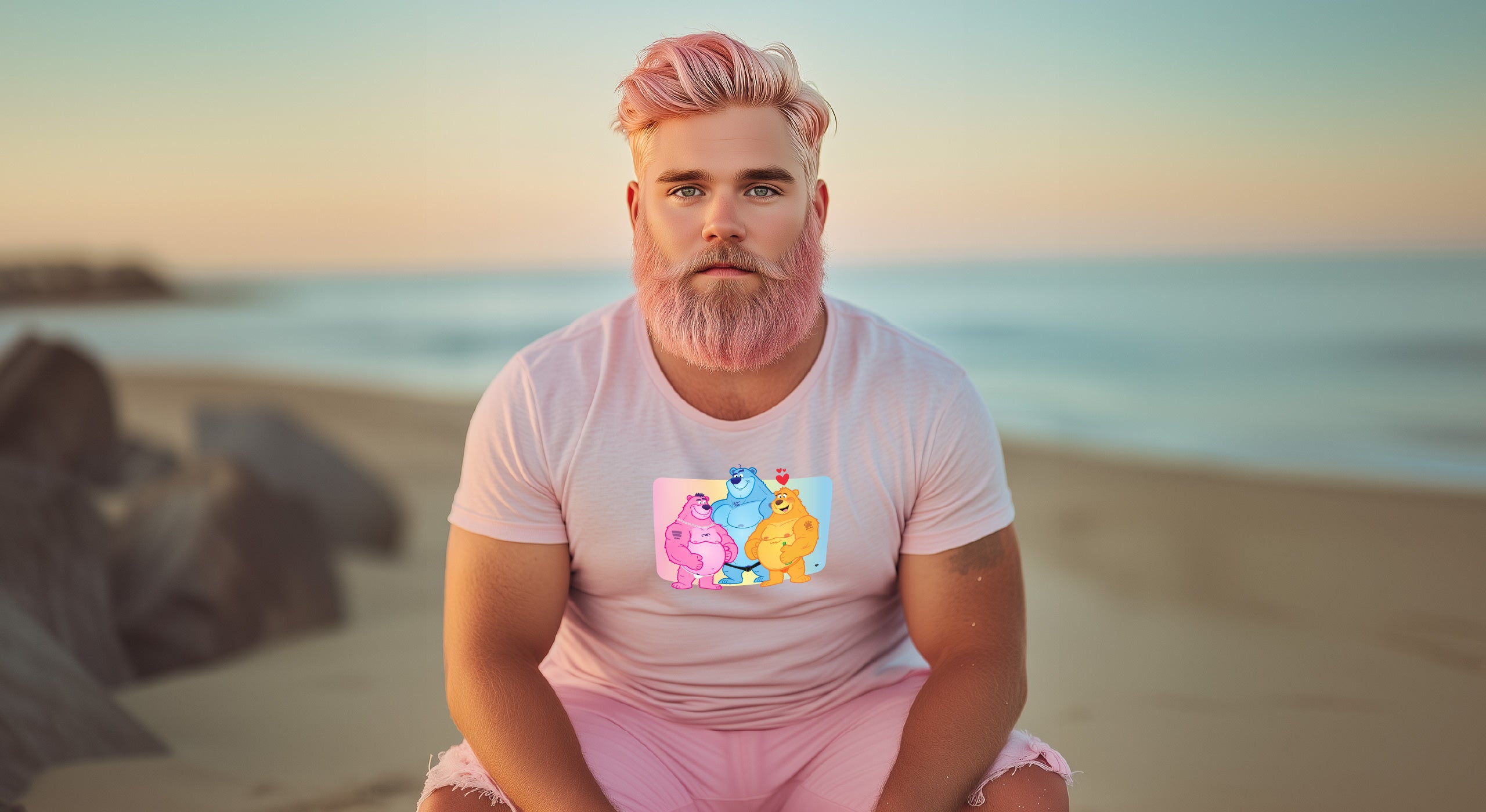 Person with pink hair and beard sitting on a beach wearing a light pink t-shirt with a colorful graphic.
