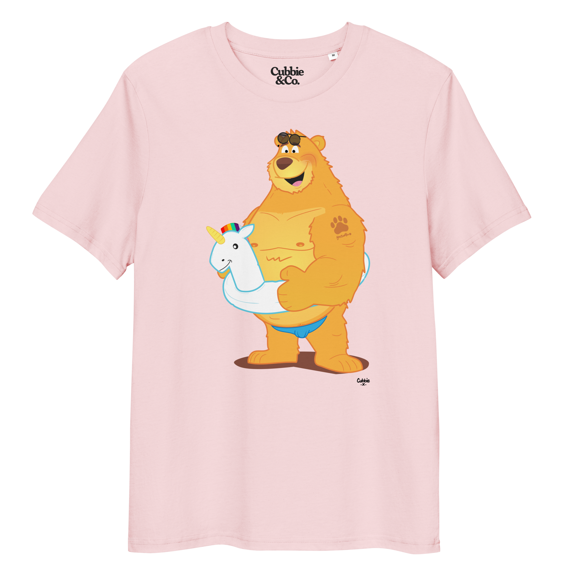 Cotton pink t-shirt featuring Oso bear wearing a unicorn rubber ring