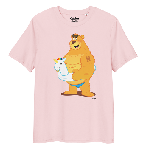 Cotton pink t-shirt featuring Oso bear wearing a unicorn rubber ring