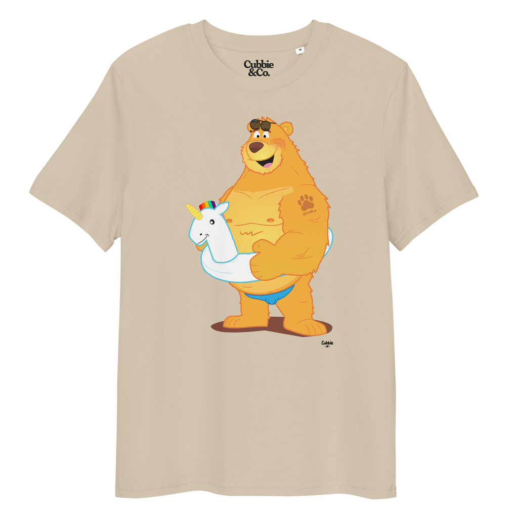 Desert dust t-shirt featuring Oso bear wearing a unicorn rubber ring