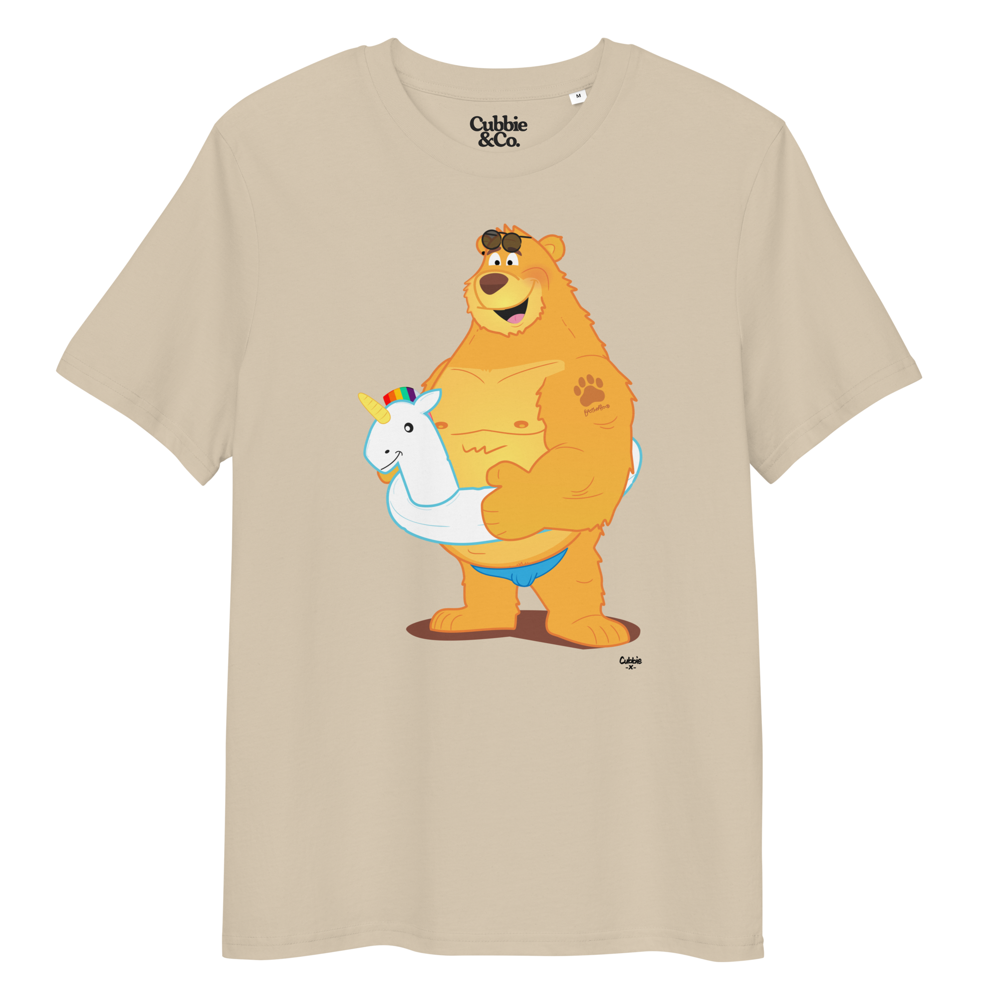 Desert dust t-shirt featuring Oso bear wearing a unicorn rubber ring