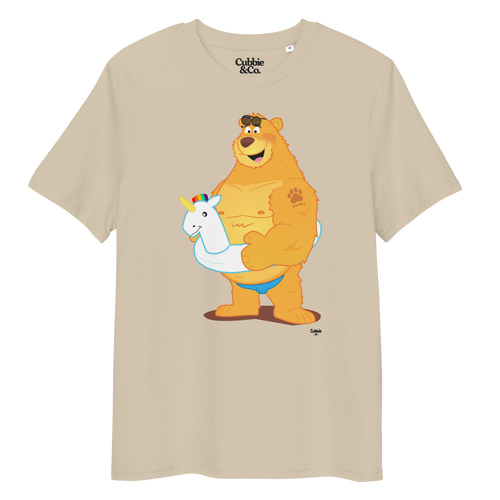Desert dust t-shirt featuring Oso bear wearing a unicorn rubber ring