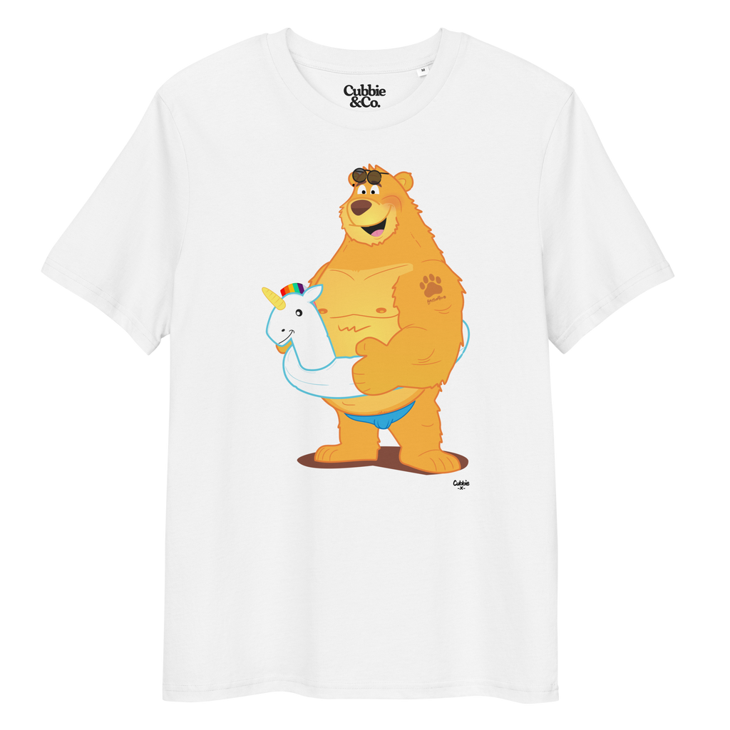 White t-shirt featuring Oso bear wearing a unicorn rubber ring
