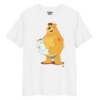 White t-shirt featuring Oso bear wearing a unicorn rubber ring