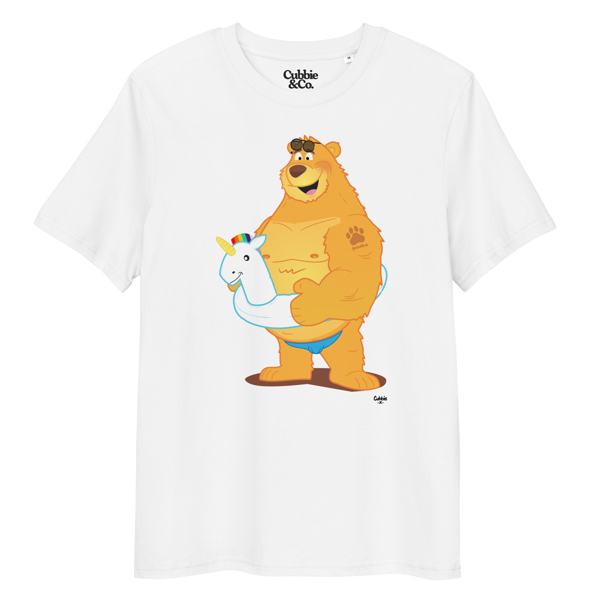 White t-shirt featuring Oso bear wearing a unicorn rubber ring