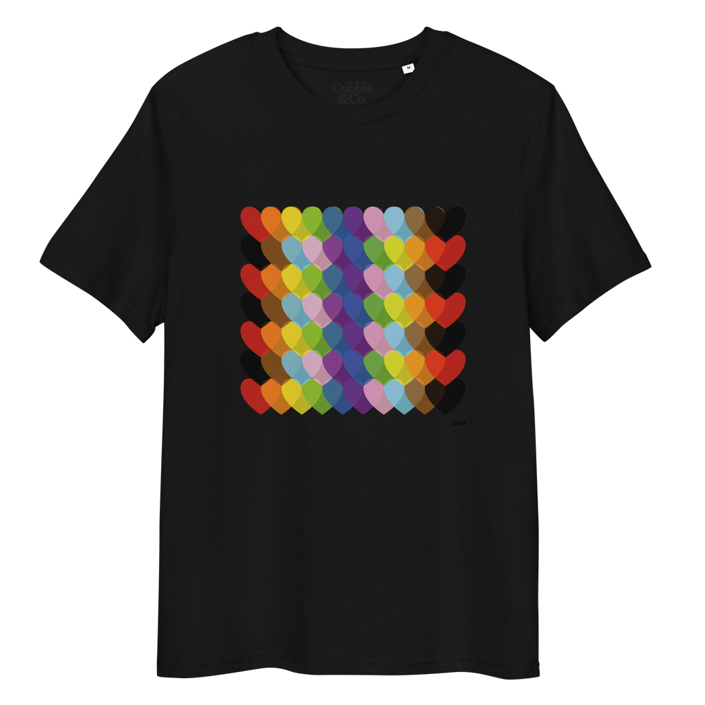 Black t-shirt with colourful heart pattern and 'Cubbie & Co' branding