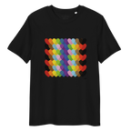 Black t-shirt with colourful heart pattern and 'Cubbie & Co' branding