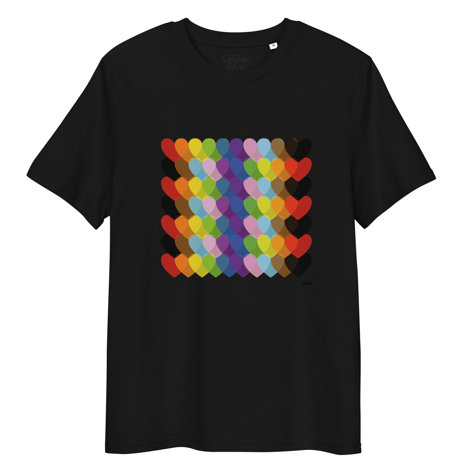 Black t-shirt with colourful heart pattern and 'Cubbie & Co' branding