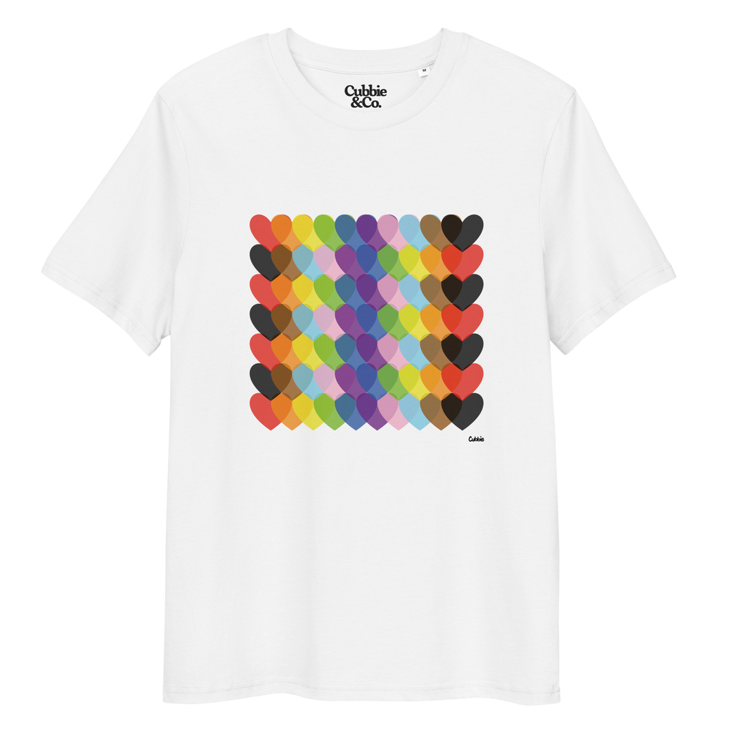 White t-shirt with colourful heart pattern and 'Cubbie & Co' branding