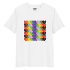 White t-shirt with colourful heart pattern and 'Cubbie & Co' branding