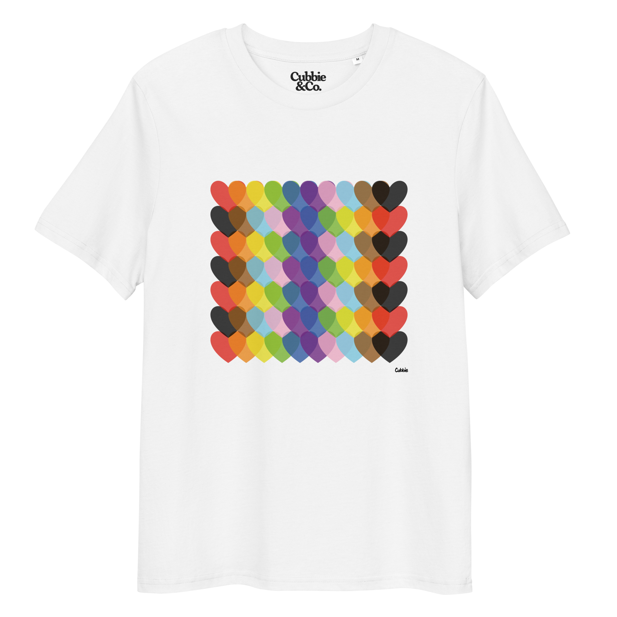 White t-shirt with colourful heart pattern and 'Cubbie & Co' branding