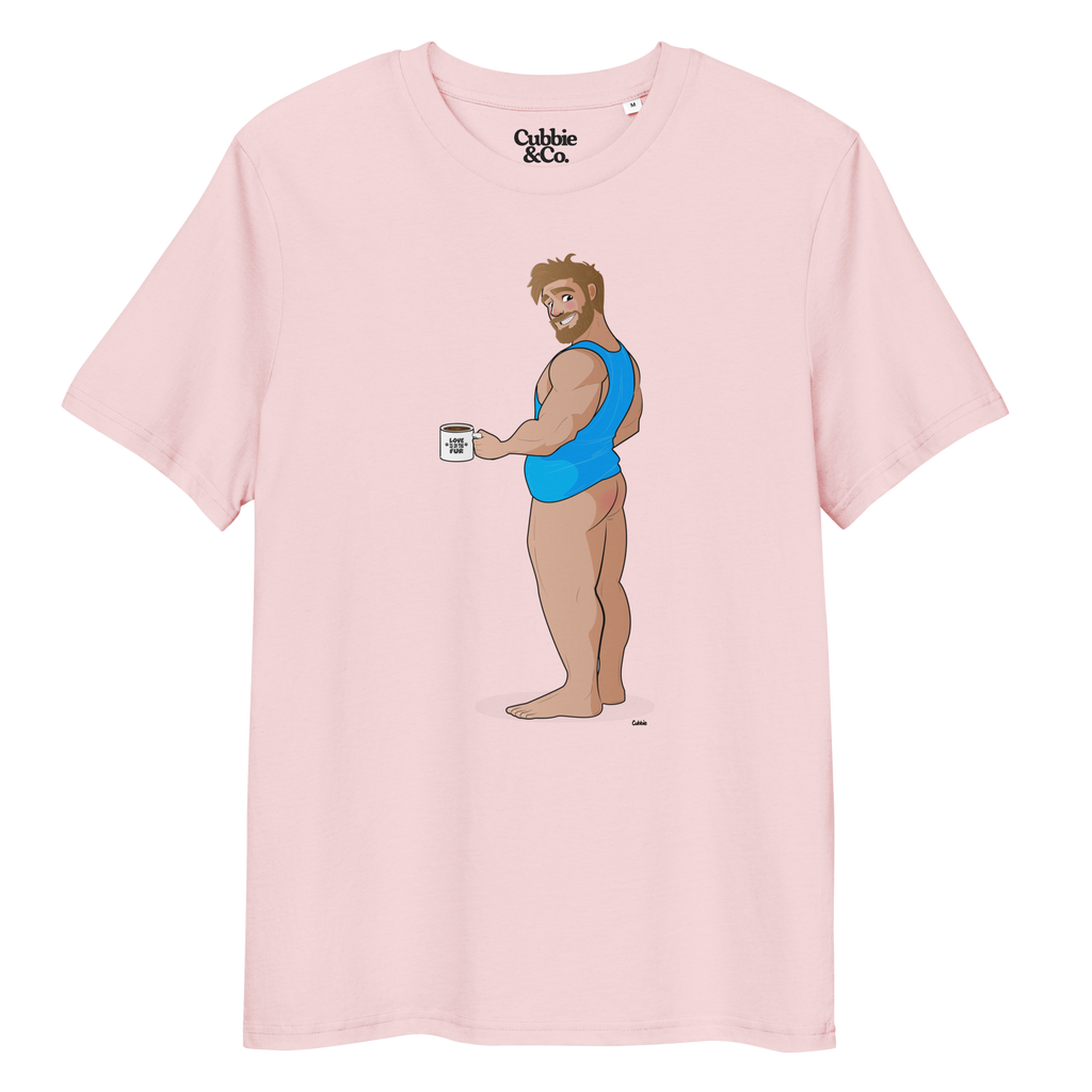 Cotton pink t-shirt of Will the Muscle Cub posing in a vest, holding a coffee, with his bottom playfully on show