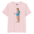 Cotton pink t-shirt of Will the Muscle Cub posing in a vest, holding a coffee, with his bottom playfully on show