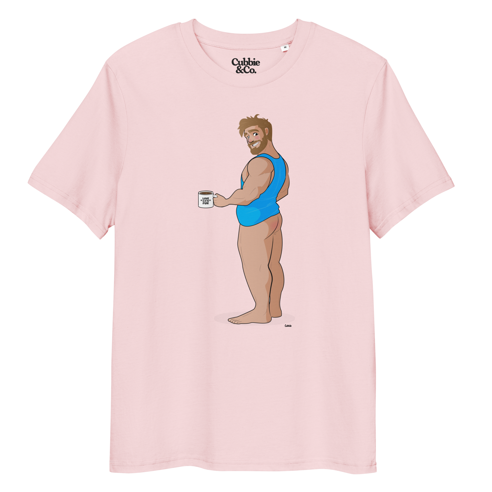 Cotton pink t-shirt of Will the Muscle Cub posing in a vest, holding a coffee, with his bottom playfully on show
