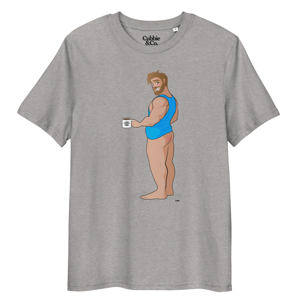 Heather grey t-shirt of Will the Muscle Cub posing in a vest, holding a coffee, with his bottom playfully on show