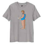 Heather grey t-shirt of Will the Muscle Cub posing in a vest, holding a coffee, with his bottom playfully on show