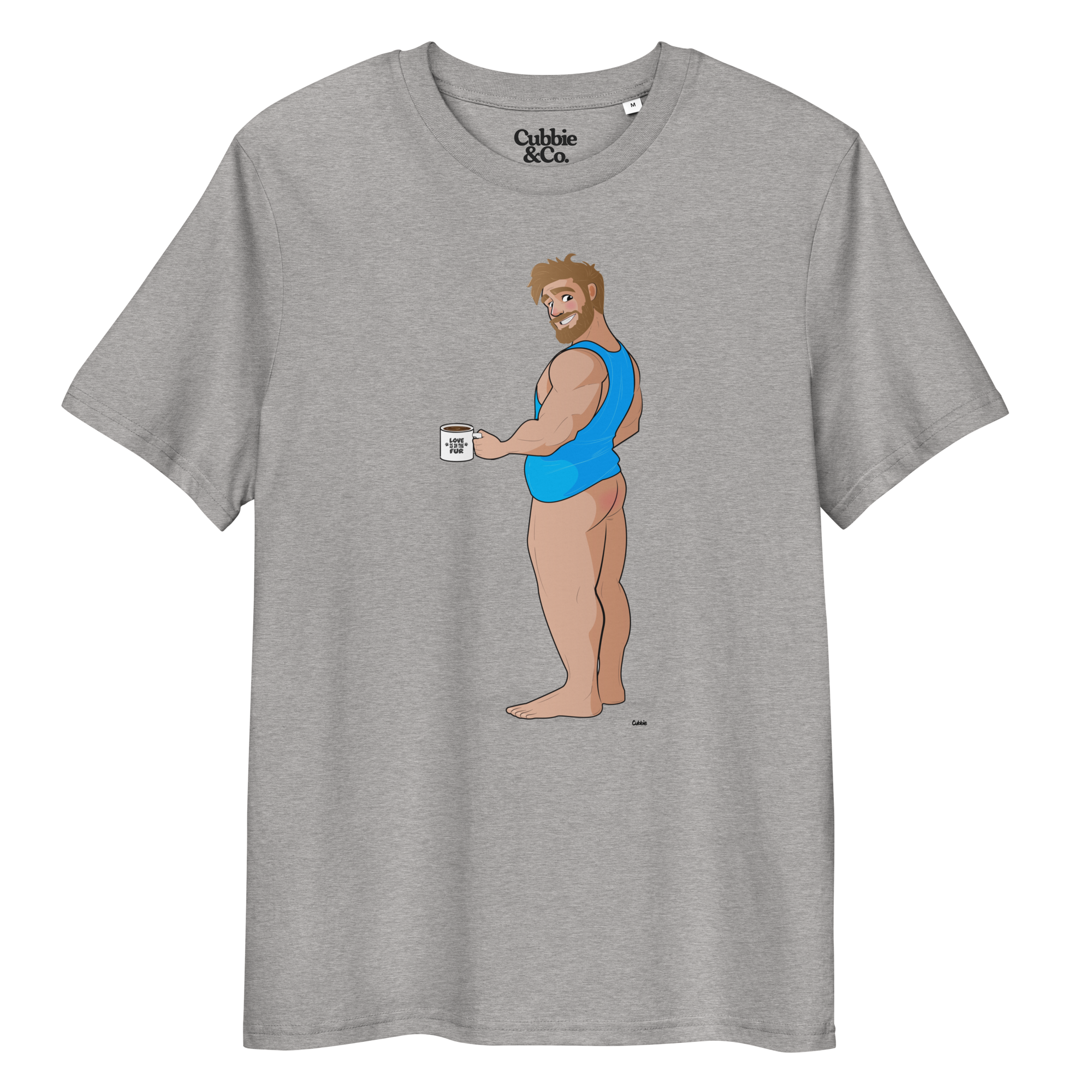 Heather grey t-shirt of Will the Muscle Cub posing in a vest, holding a coffee, with his bottom playfully on show