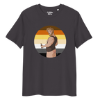 Dark grey t-shirt of Will the Muscle Cub posing in front of a Bear Pride, holding a bottle of beer, with his bottom playfully on show