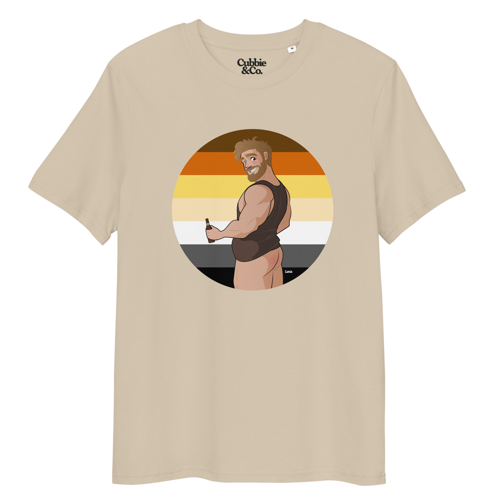 Desert dust t-shirt of Will the Muscle Cub posing in front of a Bear Pride, holding a bottle of beer, with his bottom playfully on show