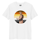 White t-shirt of Will the Muscle Cub posing in front of a Bear Pride, holding a bottle of beer, with his bottom playfully on show