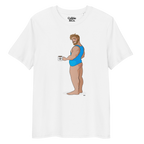 White t-shirt of Will the Muscle Cub posing in a vest, holding a coffee, with his bottom playfully on show