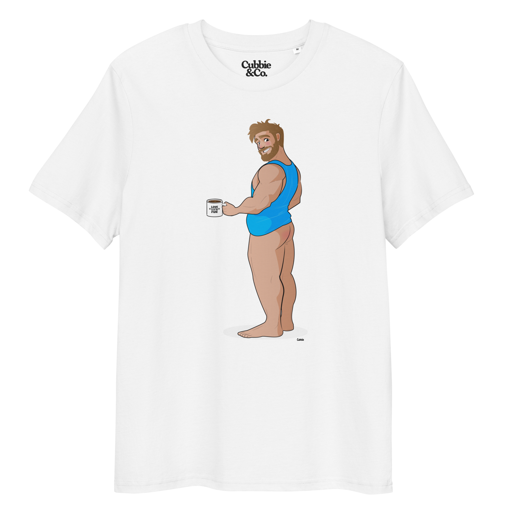 White t-shirt of Will the Muscle Cub posing in a vest, holding a coffee, with his bottom playfully on show